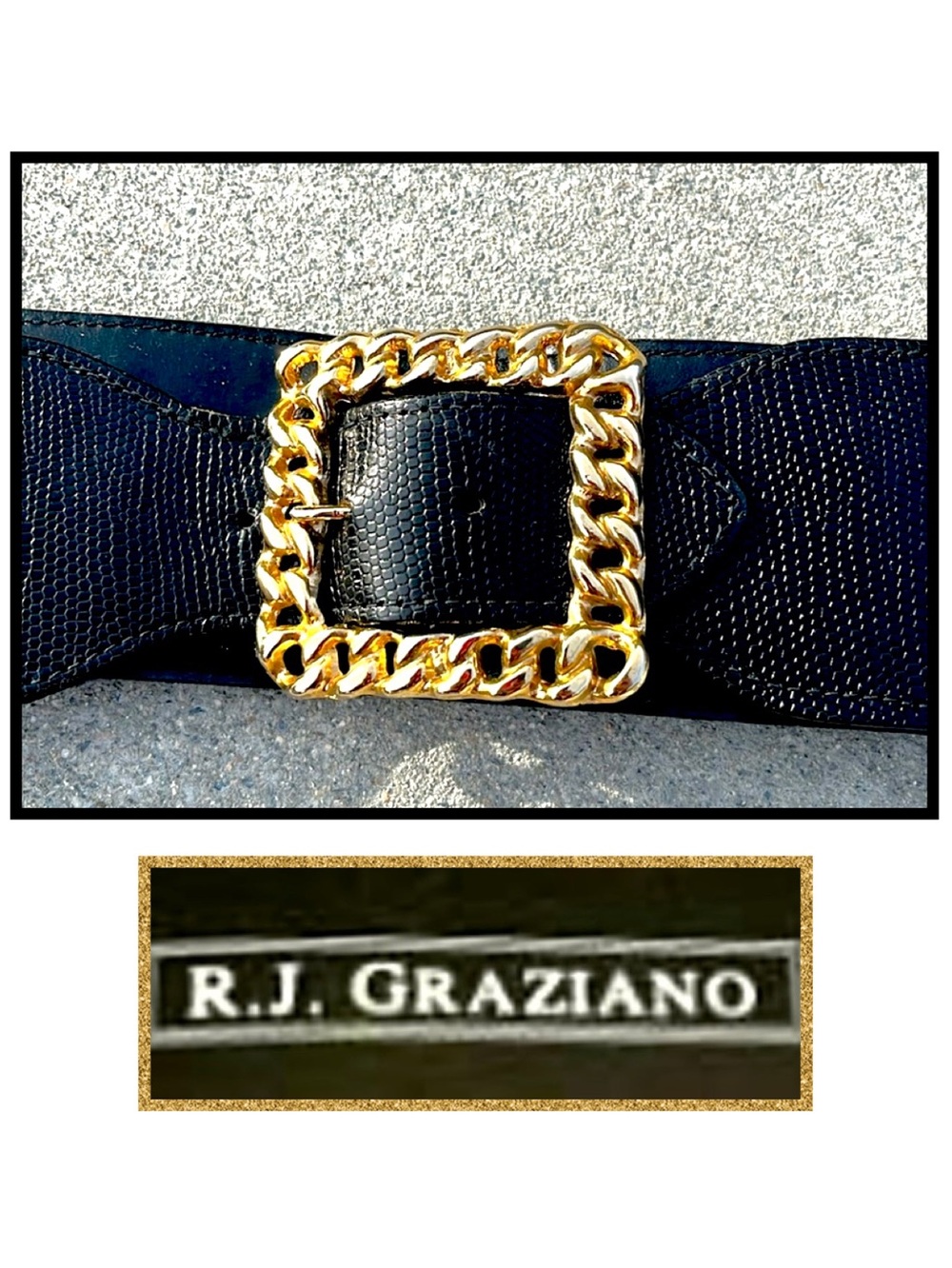R.J Graziano black leather & gold chain wide belt in very good vintage condition